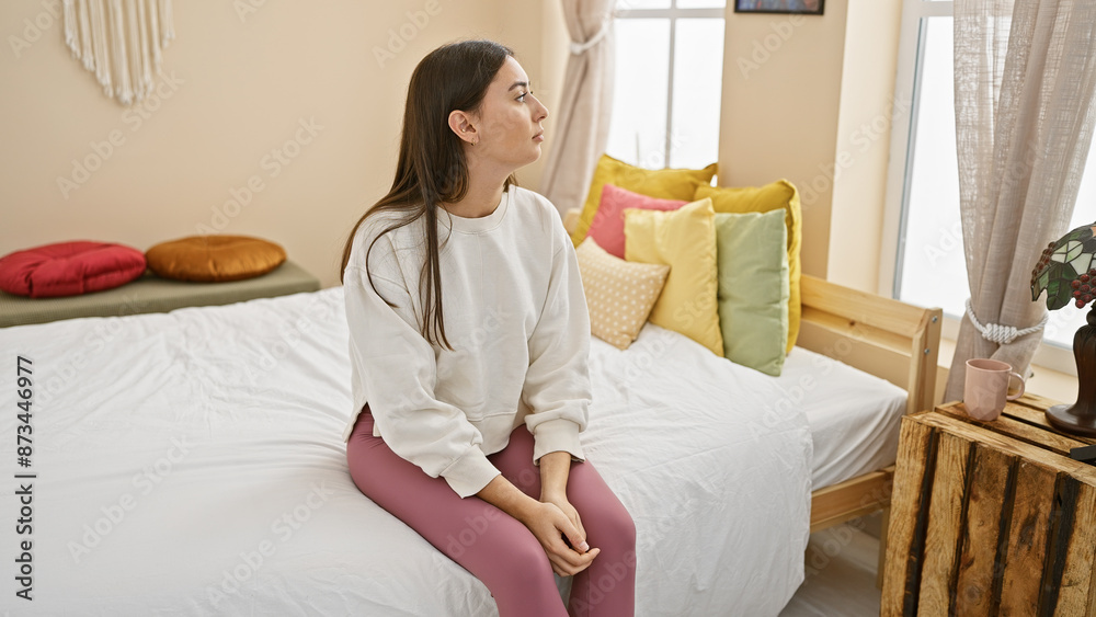 A contemplative young hispanic woman sits on a bed in a cozy bedroom, exemplifying casual beauty and domestic tranquility. A contemplative young hispanic woman sits on a bed in a cozy bedroom, exemplifying casual beauty and domestic tranquility.