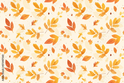 Autumn-themed seamless pattern with orange and yellow leaves scattered on a light background. The design evokes the feeling of fall with its warm and cozy colors.