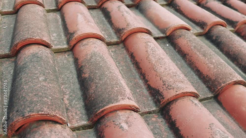 Close-up shot of red tiles on the roof of an old house. The tiles are weathered and show signs of age Close-up shot of red tiles on the roof of an old house. The tiles are weathered and show signs of age