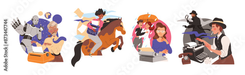 Writers and Journalists at Typewriter Engaged in Writing Process Creating Plot Vector Set