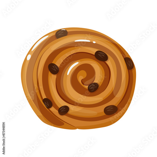 Sweet crispy roll pastry with raizins. French Pain Aux Raisins vector illustration in flat cartoon style. Isolated dessert, food illustration for bakery poster, banner, card, advertising