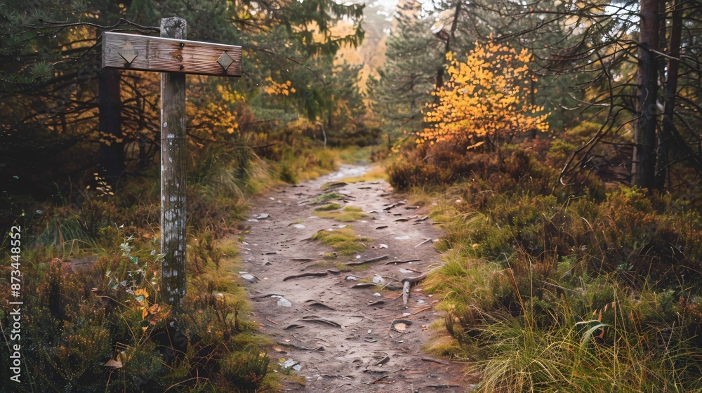 A minimalist trail with just a single wooden signpost, a clean dirt path, and surrounding nature