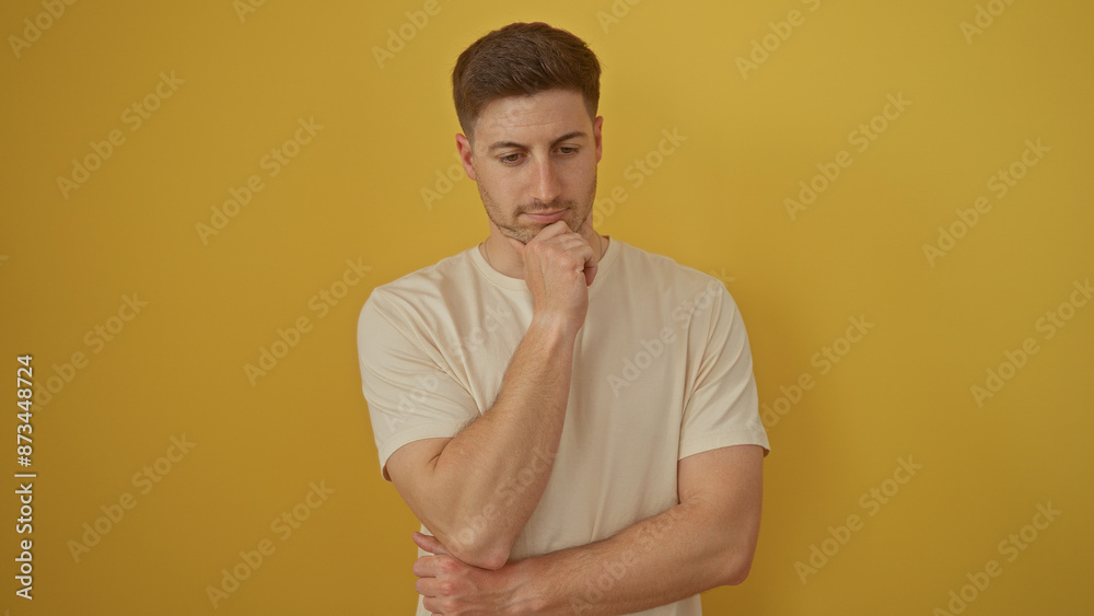 Handsome young hispanic man in a white shirt poses thoughtfully, isolated against a vibrant yellow background wall. Handsome young hispanic man in a white shirt poses thoughtfully, isolated against a vibrant yellow background wall.