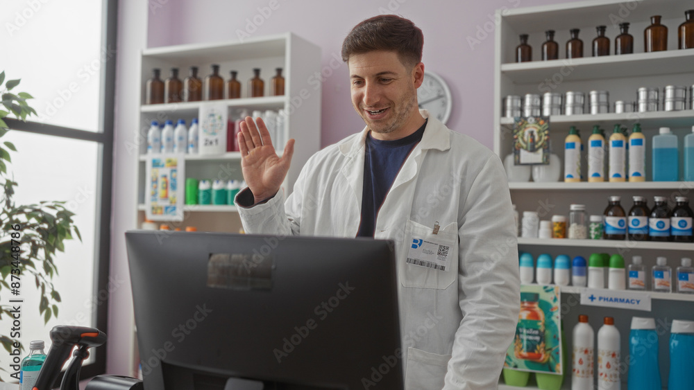 Young hispanic man in a pharmacy having a videoll call, smiling and waving his hand in a modern drugstore with shelves full of products. Young hispanic man in a pharmacy having a videoll call, smiling and waving his hand in a modern drugstore with shelves full of products.