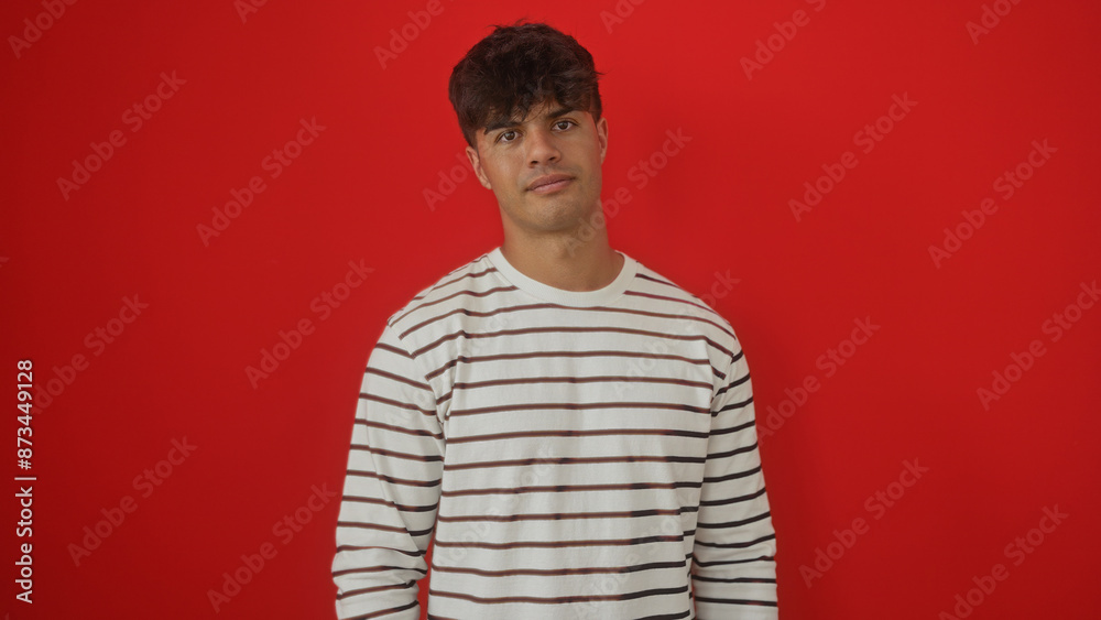 Handsome young hispanic man posing in a striped shirt over an isolated red background wall. Handsome young hispanic man posing in a striped shirt over an isolated red background wall.