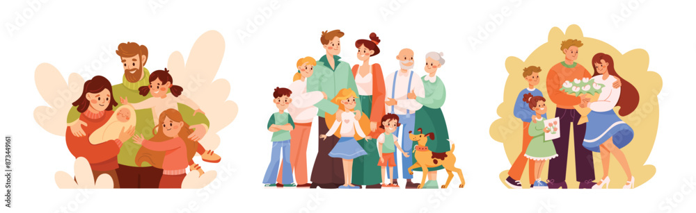 Happy Family Together with Young and Old Generation Vector Illustration Set Happy Family Together with Young and Old Generation Vector Illustration Set