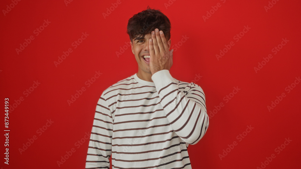 Handsome young hispanic man smiles while posing against a vibrant red wall, covering one eye playfully with his hand. Handsome young hispanic man smiles while posing against a vibrant red wall, covering one eye playfully with his hand.