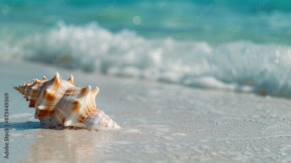 Close-up of sea shell on sandy beach with waves in background. Beautiful ocean scene perfect for summer vacation concepts. Ideal for beach lovers and tranquil getaway themes. AI