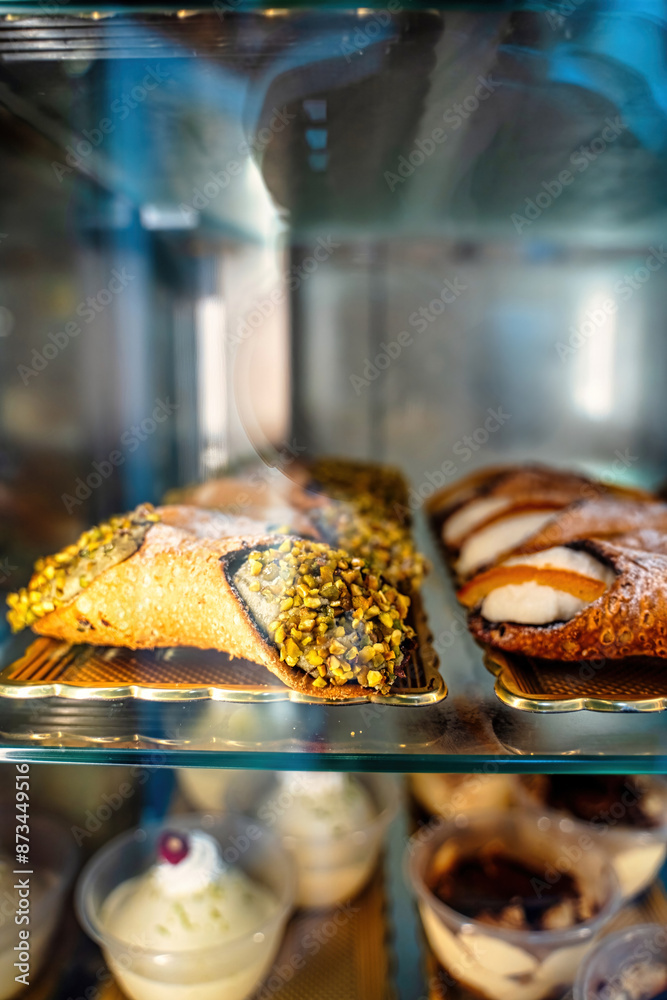 Canolli Sicilian with pistachio cream traditional Italian sweets. Cookies in the form of tubes with a filling in the middle. The concept of Italian food. Vertical orientation. Selective focus