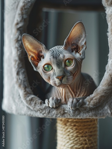  Sphynx cat with its hairless, wrinkled skin, large ears, and striking green eyes photo