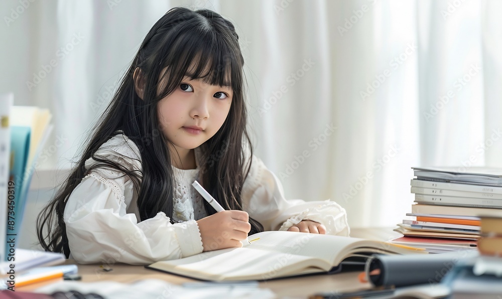 Young Girl Studying with Notebook and Pen at Desk Young Girl Studying with Notebook and Pen at Desk