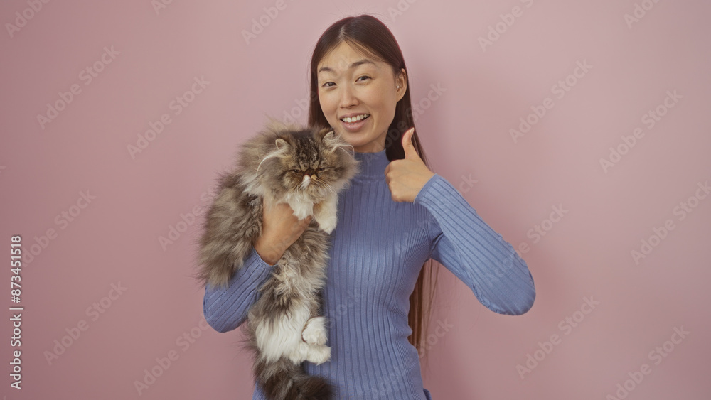 A young chinese woman holding a fluffy cat, giving a thumbs up, isolated against a pink background. A young chinese woman holding a fluffy cat, giving a thumbs up, isolated against a pink background.