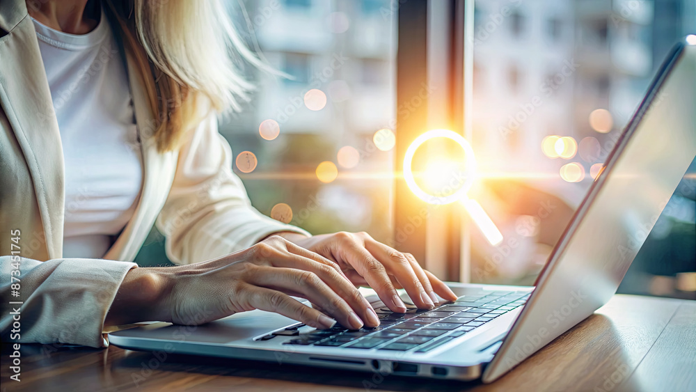 A woman sits at a desk and uses a laptop computer to search for information. A magnifying glass icon glows in the background A woman sits at a desk and uses a laptop computer to search for information. A magnifying glass icon glows in the background