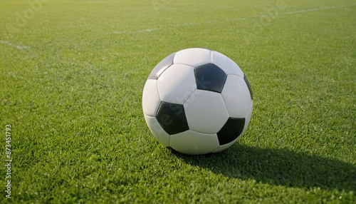 A soccer ball lies on a green field, bathed in the warm light of the afternoon sun