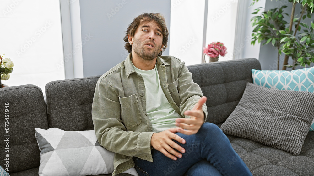 Casual young man sitting on a gray sofa in a modern living room, gesturing during a conversation. Casual young man sitting on a gray sofa in a modern living room, gesturing during a conversation.