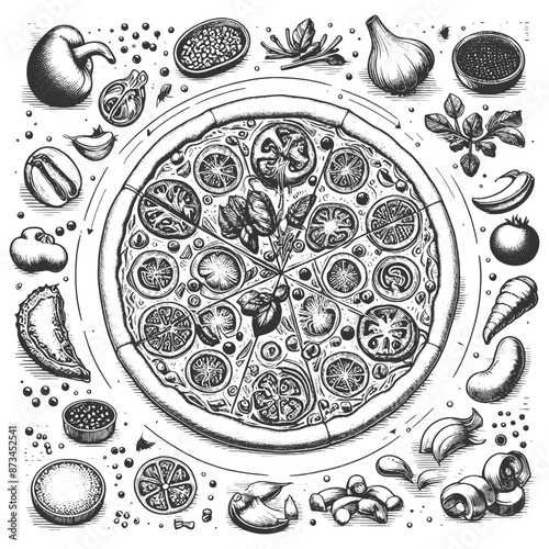 pizza surrounded by various ingredients, showcasing a detailed vintage engraving style sketch engraving generative ai vector illustration. Scratch board imitation. Black and white image.