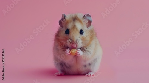 A small hamster munching on a treat against a soft pink backdrop.