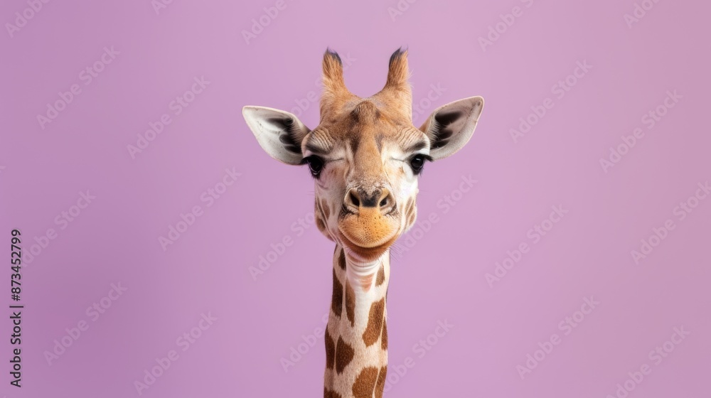 Fototapeta premium Close-Up of a Giraffe's Face with a Playful, Inquisitive Look Against a Purple Background, Showcasing Unique Wildlife Personality