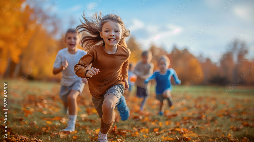 Fototapeta premium Group of happy children running through autumn leaves in a park 