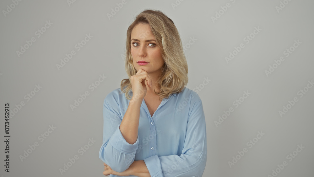 A thoughtful young woman with blonde hair in a blue shirt poses against a white background, embodying casual beauty and contemplation. A thoughtful young woman with blonde hair in a blue shirt poses against a white background, embodying casual beauty and contemplation.