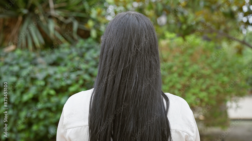Back view of a young hispanic woman with long brunette hair standing outdoors in a lush green garden. Back view of a young hispanic woman with long brunette hair standing outdoors in a lush green garden.