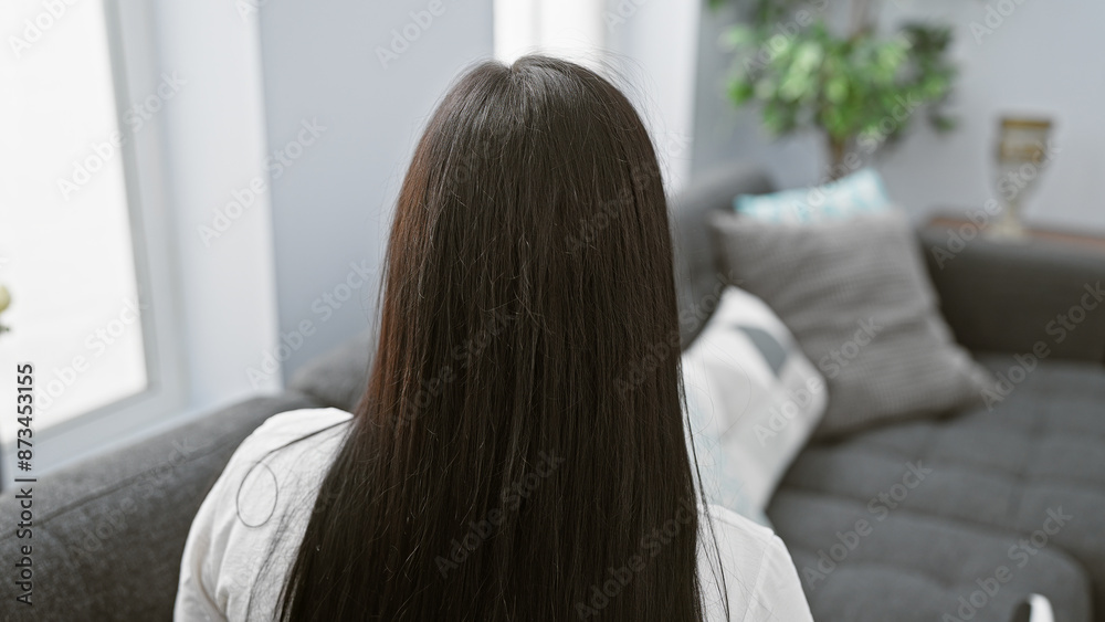 Rearview of a young hispanic woman with long brunette hair, sitting in a cozy modern living room, portraying a casual, domestic lifestyle. Rearview of a young hispanic woman with long brunette hair, sitting in a cozy modern living room, portraying a casual, domestic lifestyle.