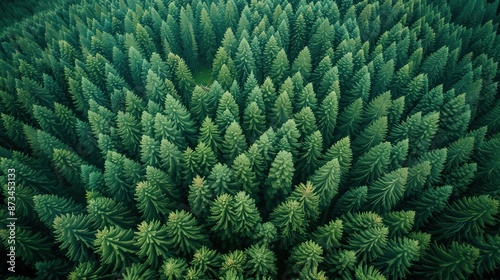 The aerial view showcases a dense forest with a plethora of tall trees stretching across the landscape