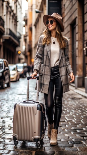 Young female traveler walking with a suitcase. Concept of an urban transportation and travel