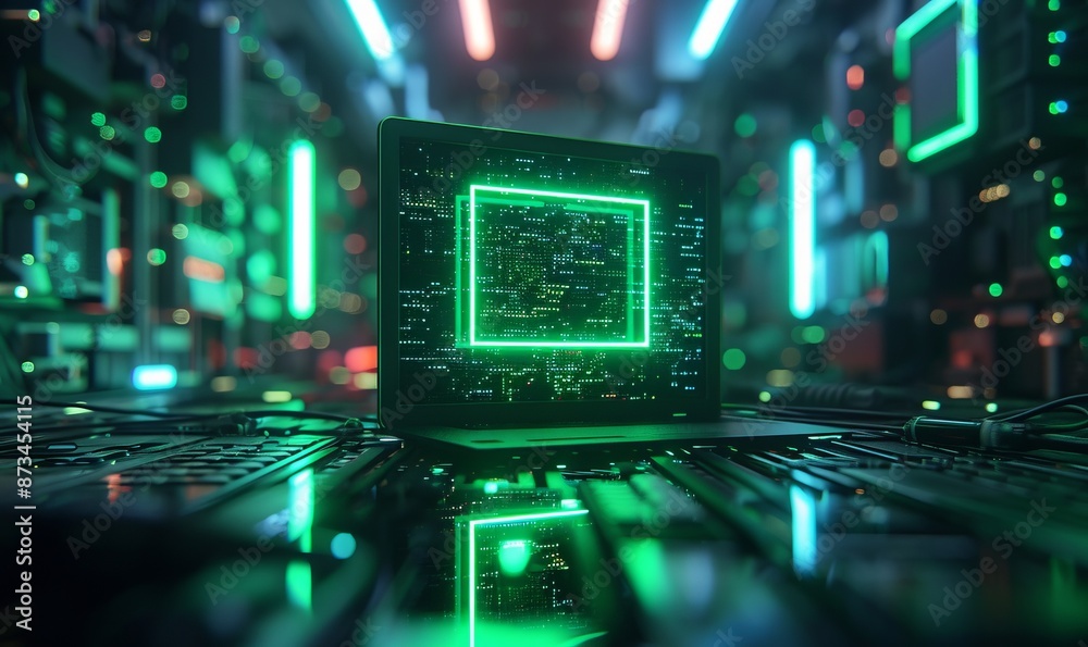 Fototapeta premium Green Display Technology Concept with Monitor symbol as a neon light. Vibrant colored icon, on a black background with high tech floor