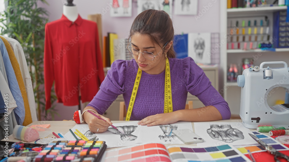 Fototapeta premium A focused hispanic woman sketches a dress design in a colorful tailor shop surrounded by fabric and sewing equipment.