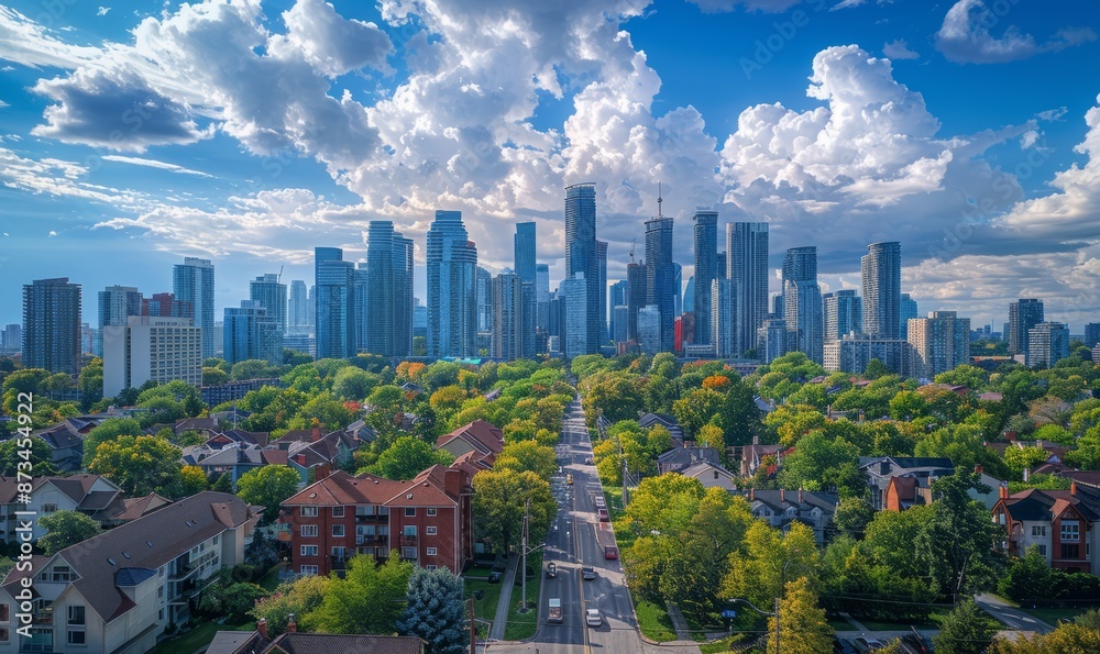 Obraz premium cityscape with skyscrapers and architecture of residential buildings with road green trees in daylight against cloudy blue sky