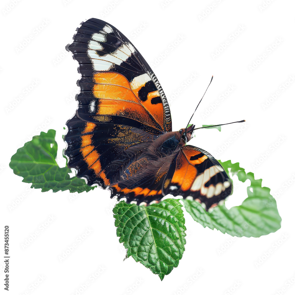 Closeup of a beautiful orange and black butterfly resting on green leaves, showcasing nature's vibrant colors and intricate wing patterns. Closeup of a beautiful orange and black butterfly resting on green leaves, showcasing nature's vibrant colors and intricate wing patterns.