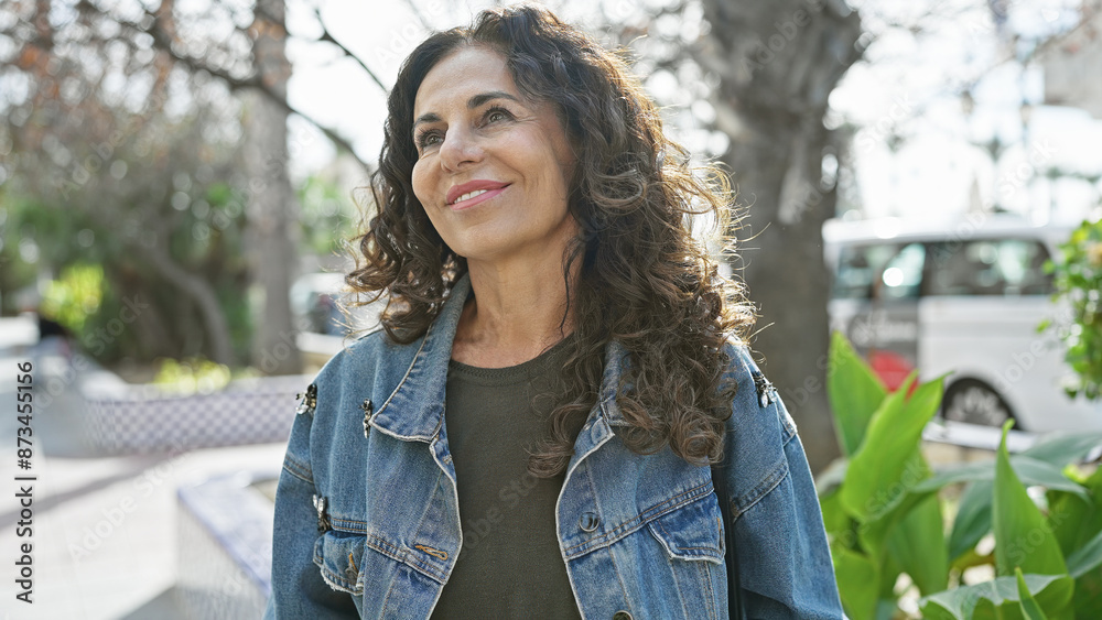 A smiling mature hispanic woman with curly hair enjoys nature in a sunny park, exuding beauty and serenity. A smiling mature hispanic woman with curly hair enjoys nature in a sunny park, exuding beauty and serenity.