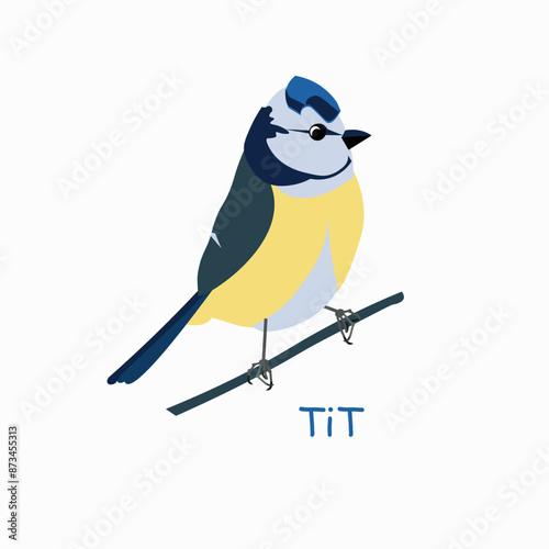 Blue tit flat design object isolated on white bird stock vector illustration for web, for print