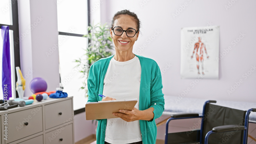 Smiling mature woman with glasses and clipboard standing in a brightly lit rehab clinic room with medical posters and equipment. Smiling mature woman with glasses and clipboard standing in a brightly lit rehab clinic room with medical posters and equipment.