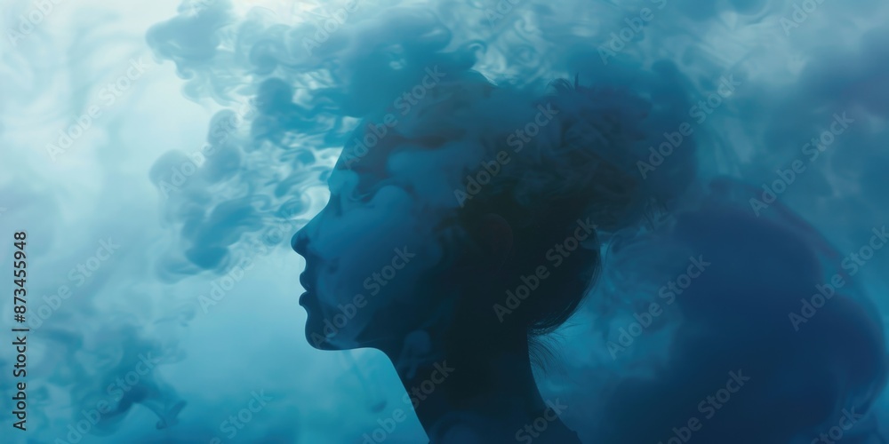 A woman's face is shown in a blue background with smoke. The smoke is coming from a cigarette. The woman's face is obscured by the smoke, giving the impression of a ghostly figure A woman's face is shown in a blue background with smoke. The smoke is coming from a cigarette. The woman's face is obscured by the smoke, giving the impression of a ghostly figure