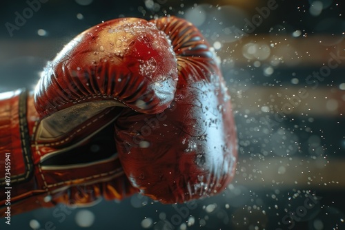 A boxing glove is shown in a close up with a lot of snow falling around it. The glove is red and he is wet. Scene is intense and dramatic, as if the boxer is about to deliver a powerful punch
