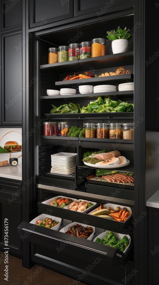 A black refrigerator with shelves and drawers filled with various foods and ingredients, including jars, bowls, and fresh produce, showcasing a well-organized kitchen A black refrigerator with shelves and drawers filled with various foods and ingredients, including jars, bowls, and fresh produce, showcasing a well-organized kitchen