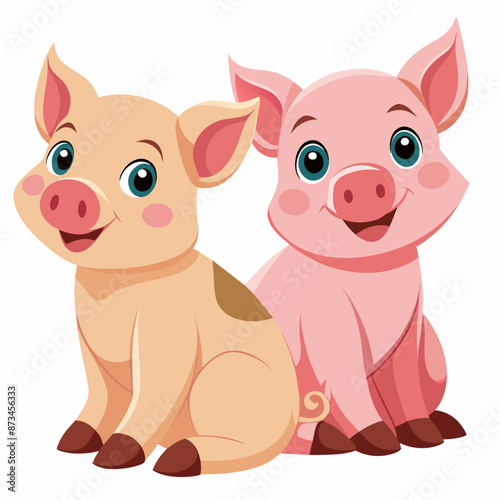 Incredibly cute pigs sitting next to each other and smiling on a white background: vector illustration for digital art and design
