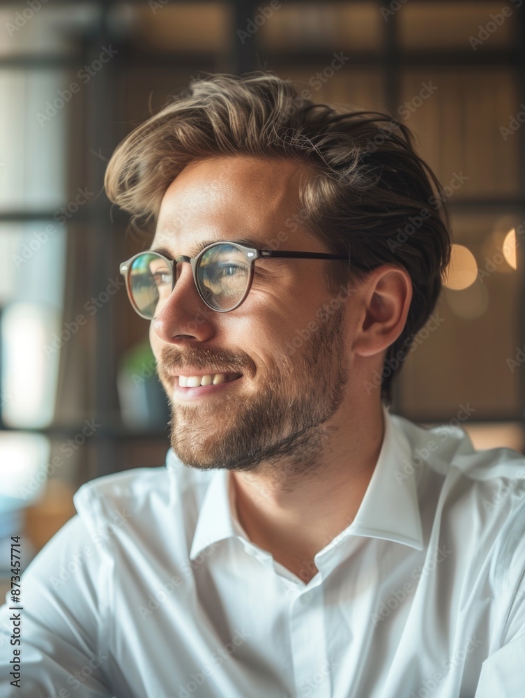 A man with glasses is smiling and wearing a white shirt. Concept of happiness and contentment A man with glasses is smiling and wearing a white shirt. Concept of happiness and contentment