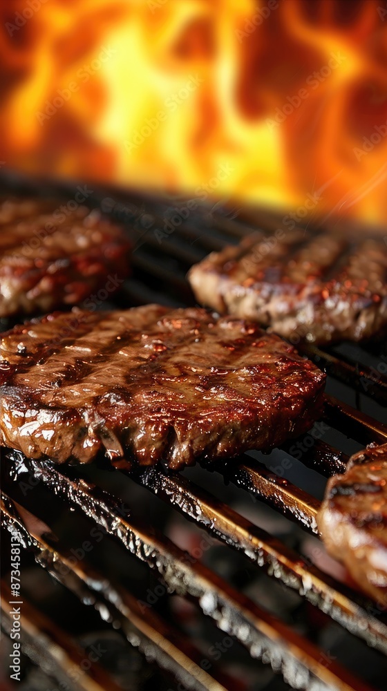 Closeup of three hamburgers grilling on a hot charcoal grill with flames visible beneath Closeup of three hamburgers grilling on a hot charcoal grill with flames visible beneath