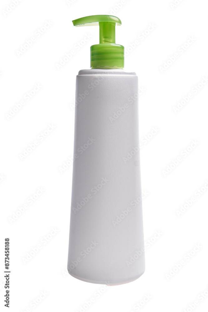 Isolated dispenser bottle with a green pump on white background for hygiene and skincare products. Isolated dispenser bottle with a green pump on white background for hygiene and skincare products.