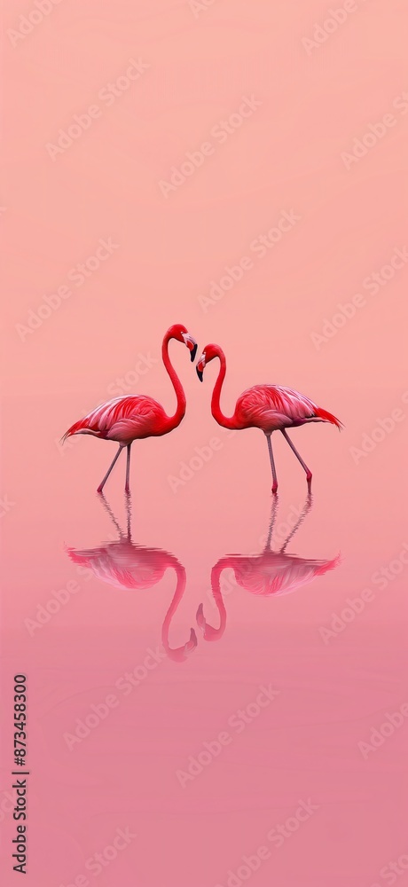 Obraz premium Two flamingos facing each other on a pink background, creating a romantic and serene scene with their reflections in the water.