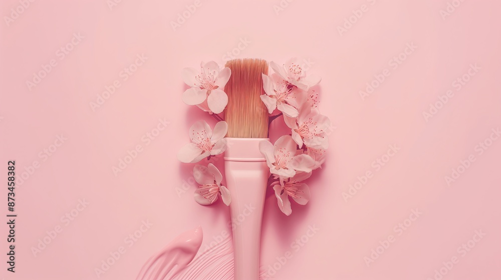 Delicate flat lay with a pink paintbrush and flowers on a pink background, showcasing a soft and artistic look. Delicate flat lay with a pink paintbrush and flowers on a pink background, showcasing a soft and artistic look.