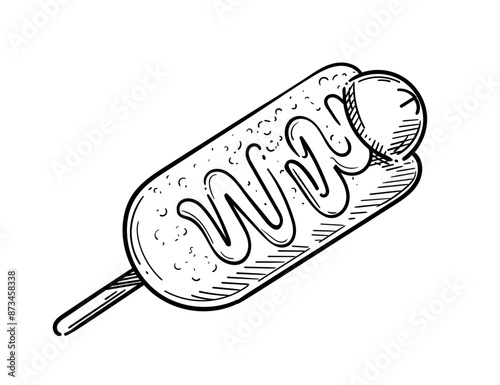 Hand drawn corn dog sketch with sausage and sauce vector illustration isolated on white background