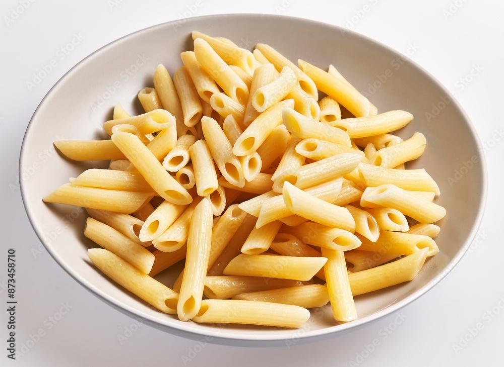 Close-up of cooked penne pasta in a white bowl on a clear background Close-up of cooked penne pasta in a white bowl on a clear background