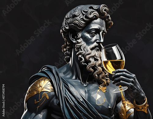 Statue of Zeus with a glass of wine on a dark background photo