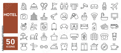 Set of 50 line icons related to hotel, hospitality, Luggage, room service, booking, Editable stroke. Vector illustration