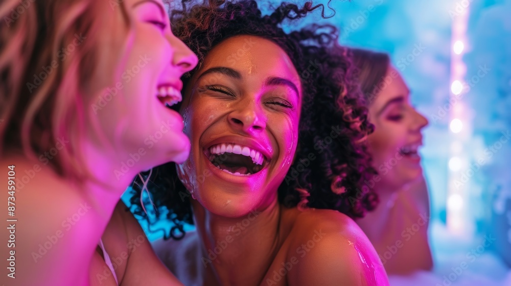 A group of friends laughing and bonding during a cryotherapy session enjoying the cooling and refreshing benefits for their skin. A group of friends laughing and bonding during a cryotherapy session enjoying the cooling and refreshing benefits for their skin.