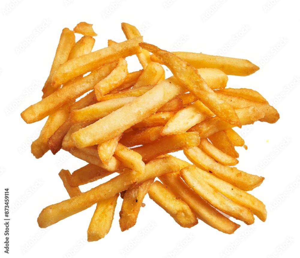 Crispy golden french fries piled high against a white backdrop, no people visible.